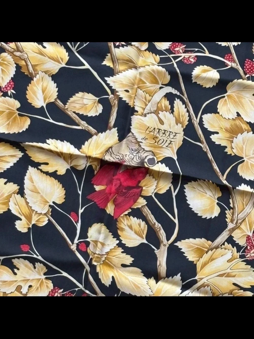 Hermes Black Silk Scarf with Gold Leaves and Red Berry Accents
